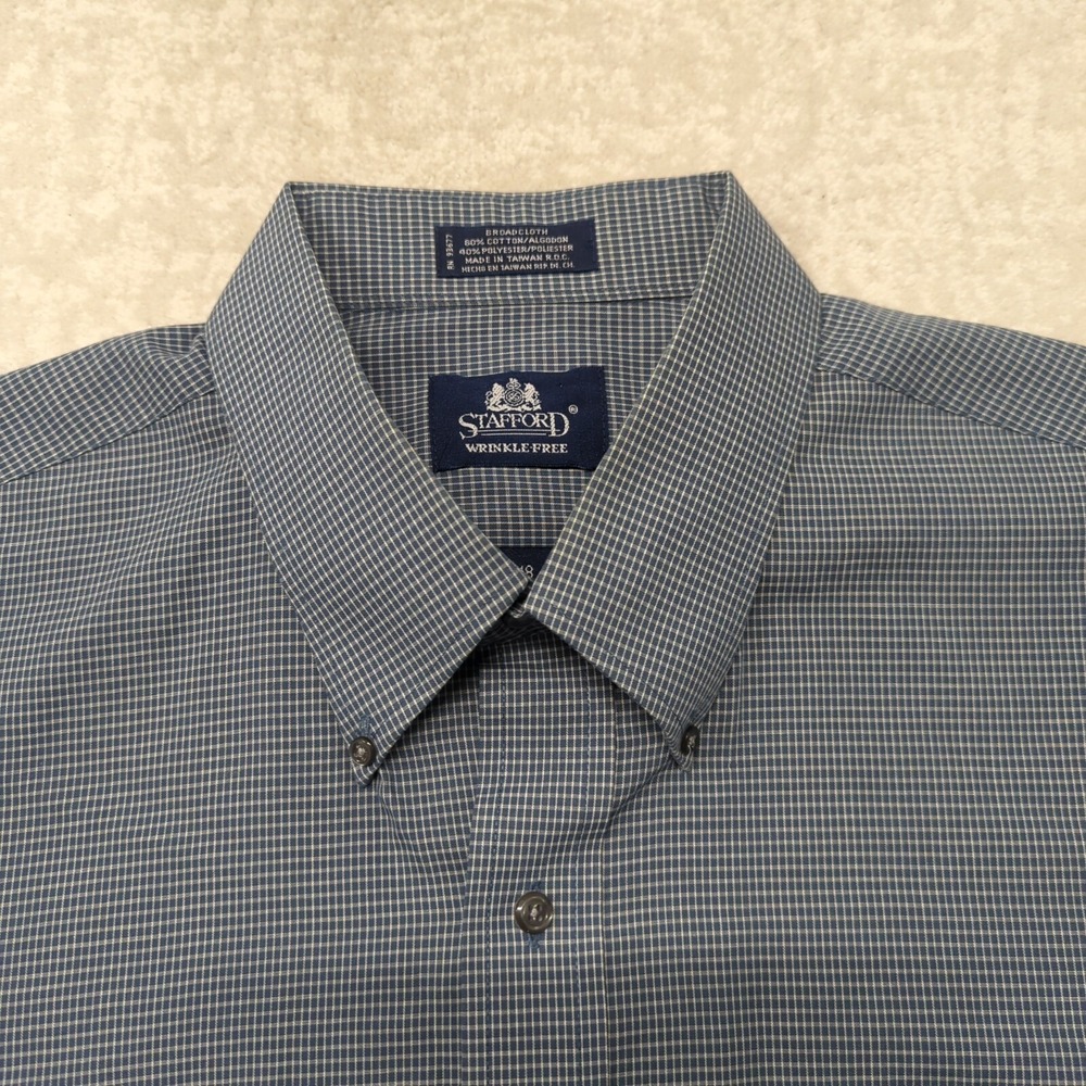 Stafford Dress Shirt Mens 18 34/35 Blue Micro Check Wrinkle Free Button Down Vtg - Picture 5 of 11